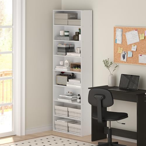 Image of Furinno Basic Book Shelf, 8-Tier Bookcase with Open Shelf, Standing Bookshelf, Cube Storage Organizer, 9 x 24 x 71, for Living Room, Bedroom, Home Office, White