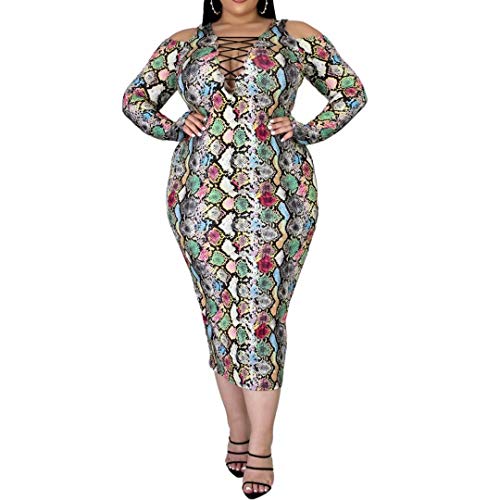IyMoo Sexy Dress for Plus Size Women-Floral Print V Neck Long Sleeve Tie Dye Bodycon Dress Club Outfits Snakeskin 5XL