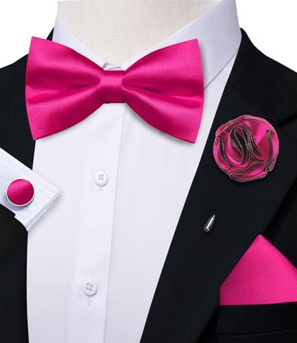 Image of Solid Color Bow Ties for Men Silk Pre-tied Tuxedo Bowtie Set 4PCS | Pre-tied in 3 seconds,adjustable 4PCS bow tie and pocket square cufflinks lapel pin set,wedding,formal,party,prom,graduation