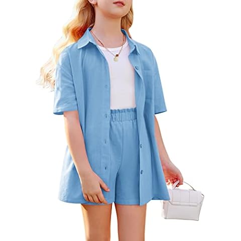 Flypigs Girls 2 Piece Linen Set Kids Outfits Cotton Button Down Short Sleeve Collared Shirt and Casual Shorts Set 6-13 Years Cover