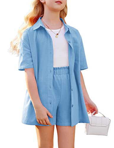 Flypigs Girls 2 Piece Linen Set Kids Outfits Cotton Button Down Short Sleeve Collared Shirt And Casual Shorts Set 6-13 Years #TOP8