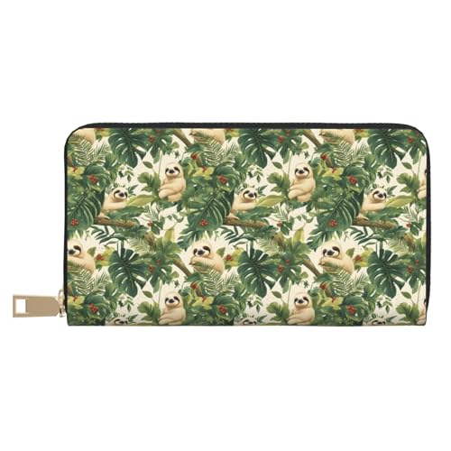 Leather Thin Slim Wallets for Women & Men - Tropical Plant Sloth Print Card Wallet Holder with Zipper