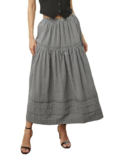 BEAUTELICATE Women Long Skirt A-Line Lace Trim Pintuck Tier Skirt 100% Cotton Edwardian Skirt