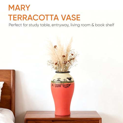 Image of Aakriti Art Creations Madhubani Art Terracotta Vase | Handmade Carrot Red Decorative Flower Vase | Traditional Folk Art Vase for Living Room Table Decor & Housewarming Gift