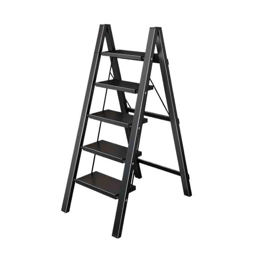 step ladder Telescopic thickened portable folding ladder 3/5 steps stairs aluminum alloy multifunctional small stool household garage step ladder(Black,Medium)