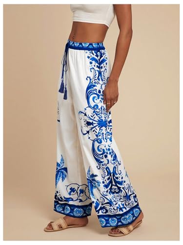 MakeMeChic Women's Boho Floral Wide Leg Summer Vacation Pants Drawstring Elastic Waist Loose Beach Trousers2
