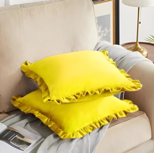 Image of Amazon Brand - Umi Velvet Yellow 16x16 Pillow Covers, Set of 2 Decorative Ruffle Cushoin Pillow Covers for Sofa Couch