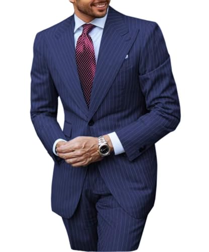 Men's Suit 2 Piece Set Slim Fit Pinstripe Suits for Men Business Wedding Prom Tuxedos Formal Dress Blazer Pants Set3