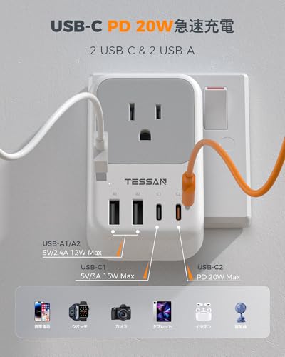 TESSAN 変換プラグ 韓国 海外 seタイプ コンセント変換 アダプター 4個ACコンセント ２USBーＣと２USB-Aポート ドイツ、ロシア、フランス、スイス、ヨーロッパなど旅行用便利グッズ