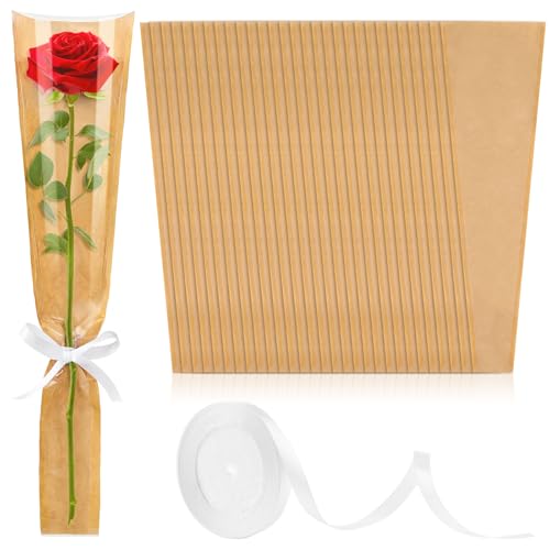 Mauproy 50 Pack Single Rose Sleeves Single Flower Bags Kraft Paper Floral Wrapping Bags with Ribbons for Graduation Flower Bars Florist Supplies (15.7 x 4.6 inches)