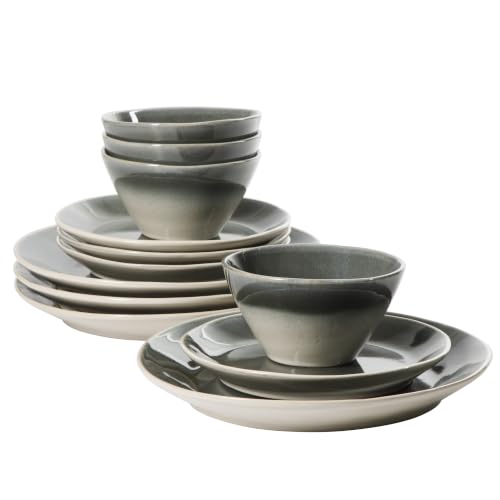 Image of Gibson Elite Plates and Bowls Set, 12 Piece Stoneware Dinnerware for 4 | River Delta Collection - Ceramic Dishes, Reactive Glaze Ombre Black, Microwave Safe Dishware, Chip Resistant, Family Dining