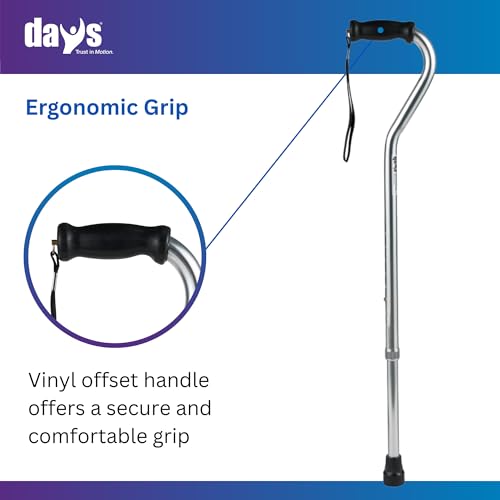 Days Standard Bariatric Offset Cane with Tall Height Adjustment, Bariatric Cane with Rubber Tip, Heavy Duty Walking Cane for Weight Bearing, Mobility Aid for Elderly, Silver with Black Handle