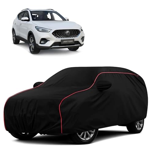 Image of Sulfar 100% Water Resistant Car Body Cover Compatible with Mirror for MG Astor (Triple Stitched, Full Bottom Elastic, Black with Red Piping)
