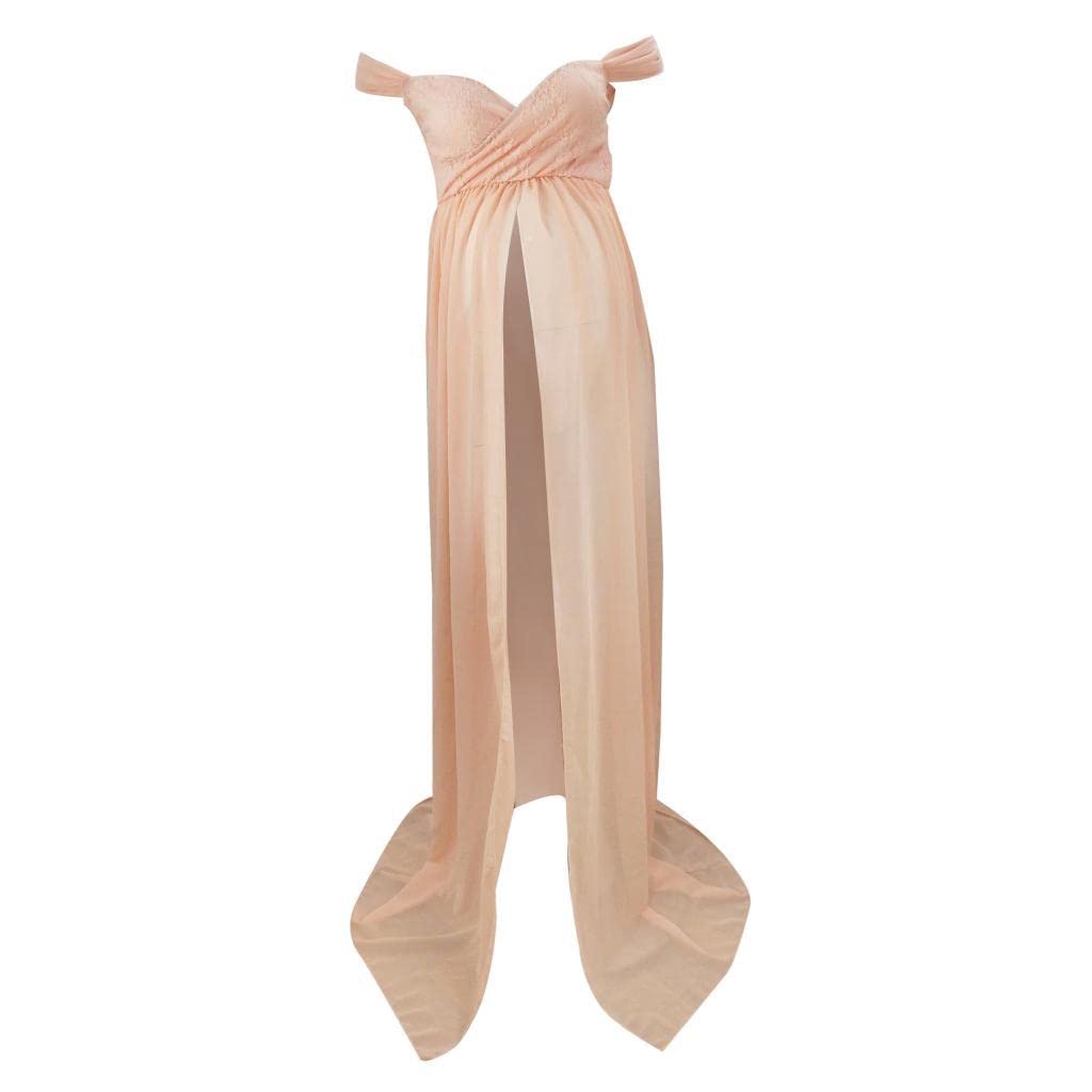 BNF®Photography Maternity Dress Off Shoulder Long Maxi Dress - Pink Chiffon, Elegant Split Front, Ideal for Pregnancy Photoshoot, Wedding & Party-image-18