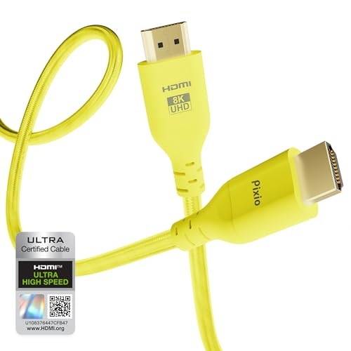 Image of Pixio Yellow 8K HDMI 2.1 Cable Ultra Certified Ultra High Speed 10FT 8K 60Hz 4K 120Hz Nylon Braided Gold Plated Connector Anti-Breakage HDR10+ DTS eARC HDCP Dolby Compatible