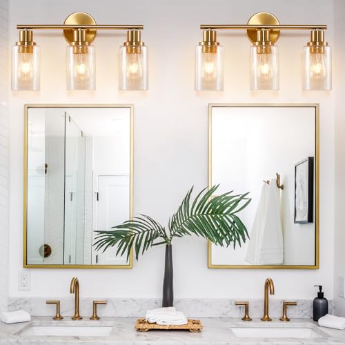 Image of DLLT 3-Light Bathroom Light Fixtures: Gold Modern Vanity Wall Lights with E26 Bulbs - Bubbled Glass Shade Bathroom Wall Lamp for Mirror Kitchen Living Room Hallway Cabinet Porch