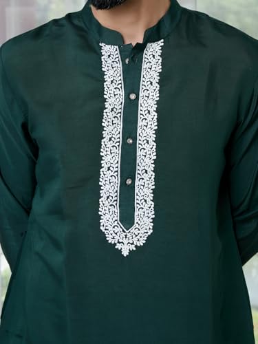Image of See Designs Men's Full Sleeve Mandarin Collar Floral Embroidered Mandarin Collar Thread Work Straight Long Kurta - Festive Collection