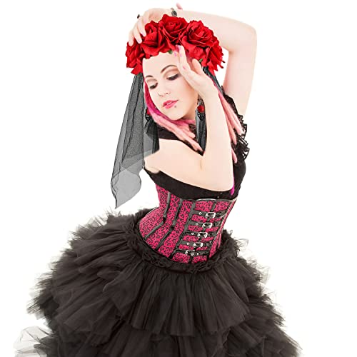 NAUZE 4 Pieces Day of the Dead Halloween Costume Set Gothic Bride Veil Ladies Rose Necklace Lace Eye Mask Lace Gloves for Halloween Adults Costume Accessory(Red) - Image 2