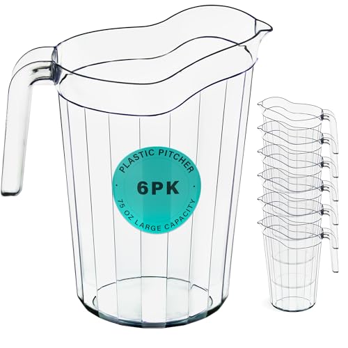 DecorRack 6 Pack - 75 oz Polycarbonate Plastic Pitcher Beverage Dispenser with Pour Spout Shatterproof Catering and Restaurant Serveware for Cold Drinks, Water, Lemonade, Beer, and Sangria (6 Pack)