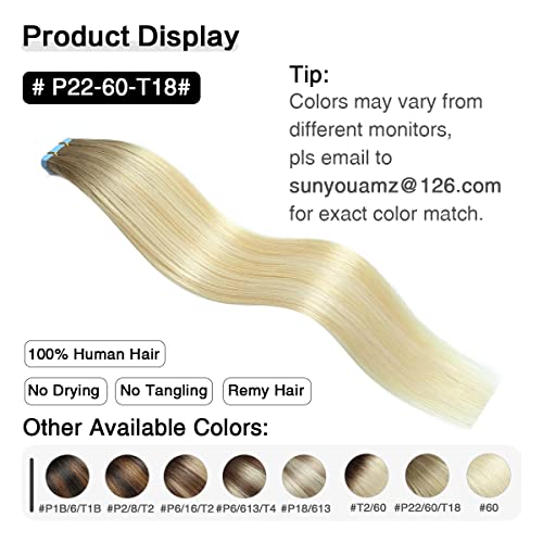 Image of SUYYA Tape In Hair Extensions Human Hair 20 Inch #P22 /60 /T18 Balayage | Remy Human Hair, Invisible Skin Weft, Straight Hair, 20PCS 40G, Ash Blonde to Medium & Platinum Blonde Balayage, Added Length