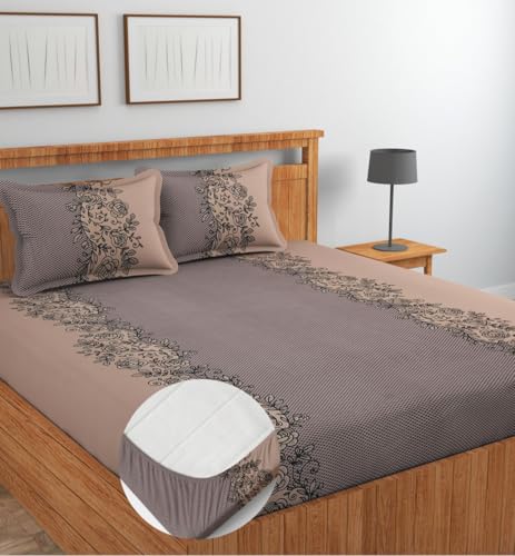 Image of NEW LEAF Glace Cotton Fitted King Size Double Bedsheets with 2 Pillow Covers | Elastic Fitted | Wrinklefree | Ultrasoft |Winter Bedsheet 220 tc tc Floral | 78 x 72+10 Inches, Mouse