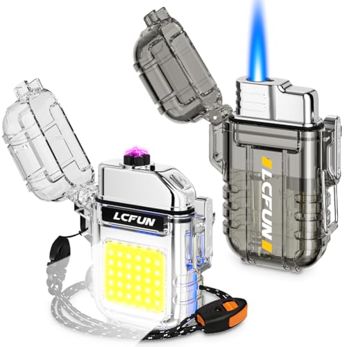 LcFun 2 Pack Waterproof Windproof Torch Lighter Butane Refillable, Electric Dual Arc Plasma Lighter...