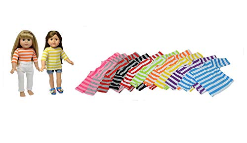THE NEW YORK DOLL COLLECTION Muñecas Set de 10 Sólido De Colores A Rayas Largo Manga Camisetas Atuendo para Moda Niña Muñecas - Encaja 18 Pulgadas / 46 cm Muñecas - Muñeca Ropa - Muñeca Accesorios