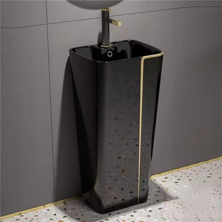 Image of B Backline Ceramic Pedestal Wash Basin Free Standing Wash Basin Bathroom Pedestal Basin For Living Room & Bathrooms 43 X 36 X 85 Cm (Black Glossy)
