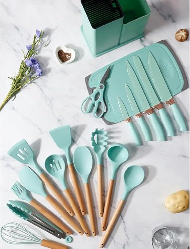 Image of Barebeauty 19 Piece Utensil Set | Spatulas with Knife and Board | 19 Piece Kitchen Kit | Silicone Instrument Set | Sturdy Wooden Handle | Multifunctional Kitchen Tools (Green)