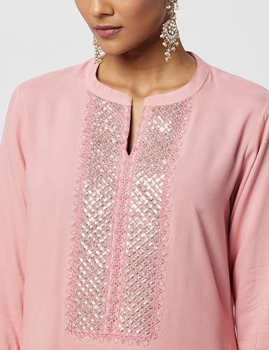Image of Soch Womens Peach Rayon Mandarin Collar Kurta with Sequins