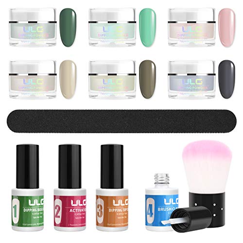 Nail Dipping Powder Starter Kit ULG Dip Powder 6 Colors Acrylic Nails Powder System for French Nail Manicure Art Set with Base, Activator, Top and Brush Saver No UV LED Required