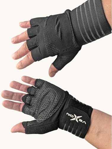 VEXON Guantes de Gimnasio con Muñequera | Soporte Firme para Entrenamiento de Fuerza y Pesas. (Talla M)