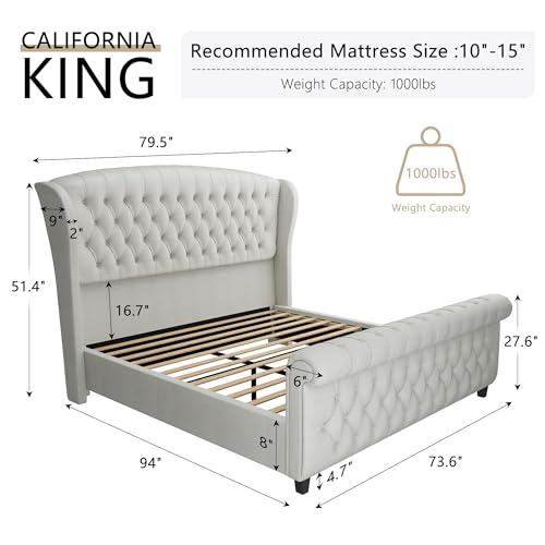 Image of AMERLIFE California King Size Platform Bed Frame, Velvet Upholstered Sleigh Bed with Scroll Wingback Headboard & Footboard /Button Tufted /No Box Spring Required /Cream