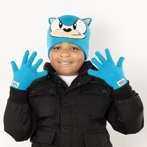 Image of Sonic The Hedgehog Winter Hat and Gloves Set - Blue Sonic Hat for Boys Ages 5-13 - Winter Hat with Scarf and Glove Set