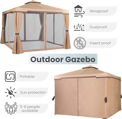 Patiomore Outdoor Garden Gazebo 10 x 10 FT Patios All-Season Permanent Gazebo with Vented Soft Canopy and Mosquito Netting