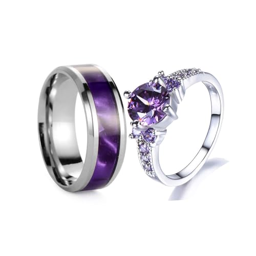 Custom Engraved Couple Rings Set Promise Rings for Him and Her Purple Matching Wedding Rings for Couples Black and Blue Titanium Rings for Men Wedding Band CZ Engagement Ring for Women,Size 5-13