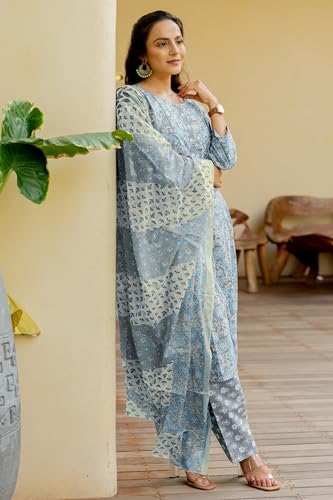 Image of MIRCHI FASHION Women's Straight Fit Pure Cotton Embellished Floral Printed Kurta Set with Dupatta and Trouser