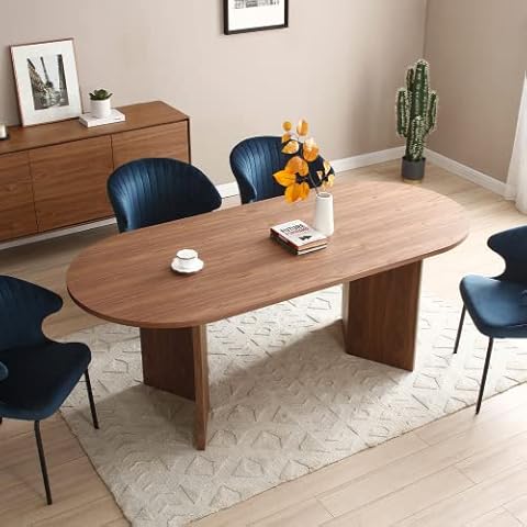 WILLIAMSPACE 78" Oval Wood Dining Table for Rustic Farmhouse, Kitchen Dining Room Table in Nature with Wooden Base for Meeting Room Reception Room - Walnut Cover