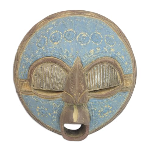 NOVICA Decorative Ghanaian Sese Wood and Aluminum Mask, Blue 'New Love'