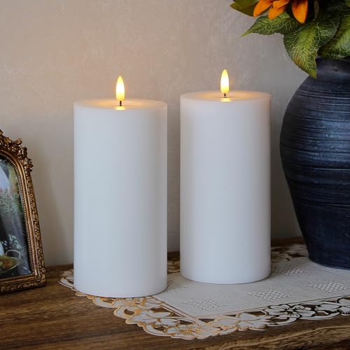 Image of Flameless Flickering 4 inch x8 inch Real Wax White Remote Candles with Candle Grease, Pack of 2 Timer LED Battery Operated Fake Warm Light Pillar Candles for Home, Banquet, Ceremony Decoration