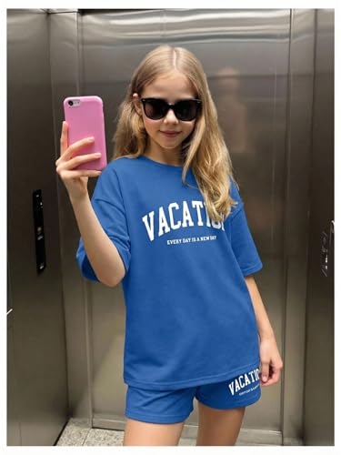Image of Verdusa Girl's Tracksuit Sets 2 Piece Outfits Letter Print Vacation Tee Top and Drawstring Waist Shorts