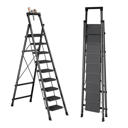Ibihoeesoe 9 Step Ladder with Tray,330lbs Capacity Portable Step Stool for Adults,Heavy Duty Step Ladder Wide Anti-Slip Stury Steel Folding Step Stool Used for Office,Garage,Painting