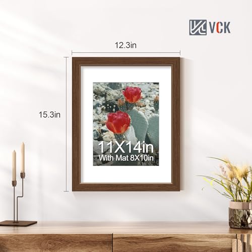 Image of VCK 11x14 Picture Frame 5 Pack, Brown Wood, 8x10 Mat, Glass, for Print