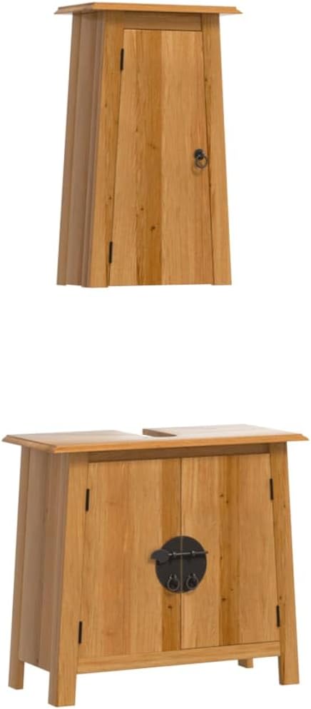 Retro Bathroom Furniture Set, Solid Pine Wood, 12.6x27.6x24.8 Inch, Varnished Brown, Sink and Wall Cabinets, Under Sink Storage Cabinet for Toiletries