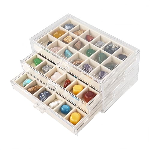 Dmnnlp Rock Vitrine à 3 tiroirs et 54 compartiments - Boîte de rangement pour bijoux en pierres précieuses fossiles (beige)