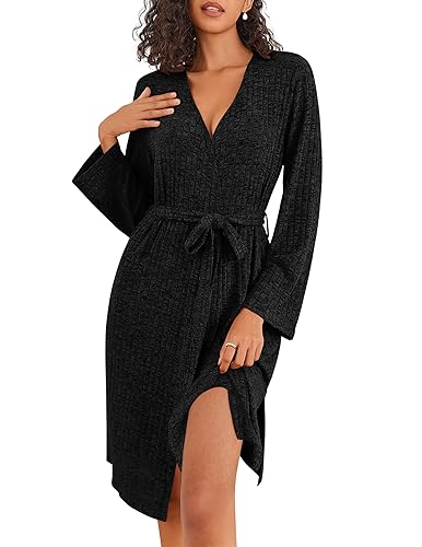 Image of Ekouaer Robe for Women Ribbed Knit Bathrobe Soft Knee Length Kimono Robes Ladies Sleepwear with Pockets S-XXL