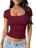 Trendy Queen Double Lined Short Sleeve Tshirts for Women Square Neck Cute Crop Top Spring Summer Basic Tees Workout Going Out Burgundy M