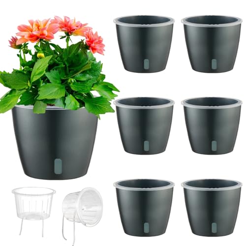 KvyusFlourish Self Watering Pots for Indoor Plants, 6-Pack 6.7'' Self Watering Planter with Drainage Holes, Small African Violet Pots with Water Indicator, Clear Wick Orchid Pot, Grey
