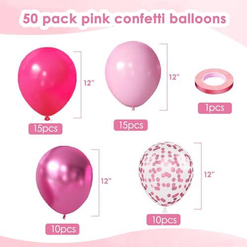 Image of Pink Balloons Hot Pink Balloons, 50pcs Light Pink Metallic Chrome Dark Pink Confetti Latex Party Balloons for Girls Women Birthday Bridal Shower Wedding Princess Party Decorations