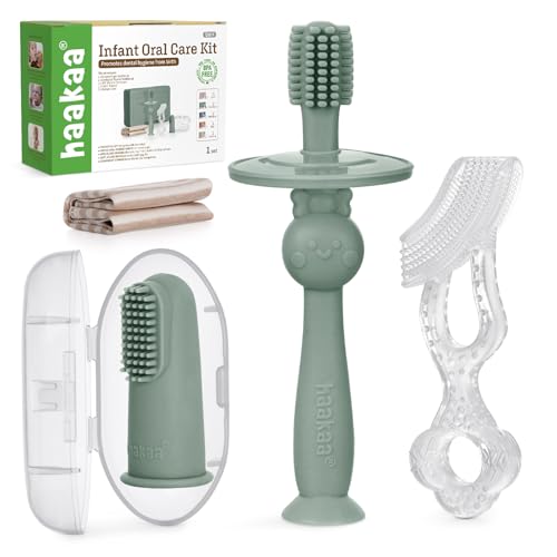Image of haakaa Training Toothbrush Set Oral Care Kit, Soft Silicone Toothbrush for Baby, Infants, Toddlers & Kids, Pea Green